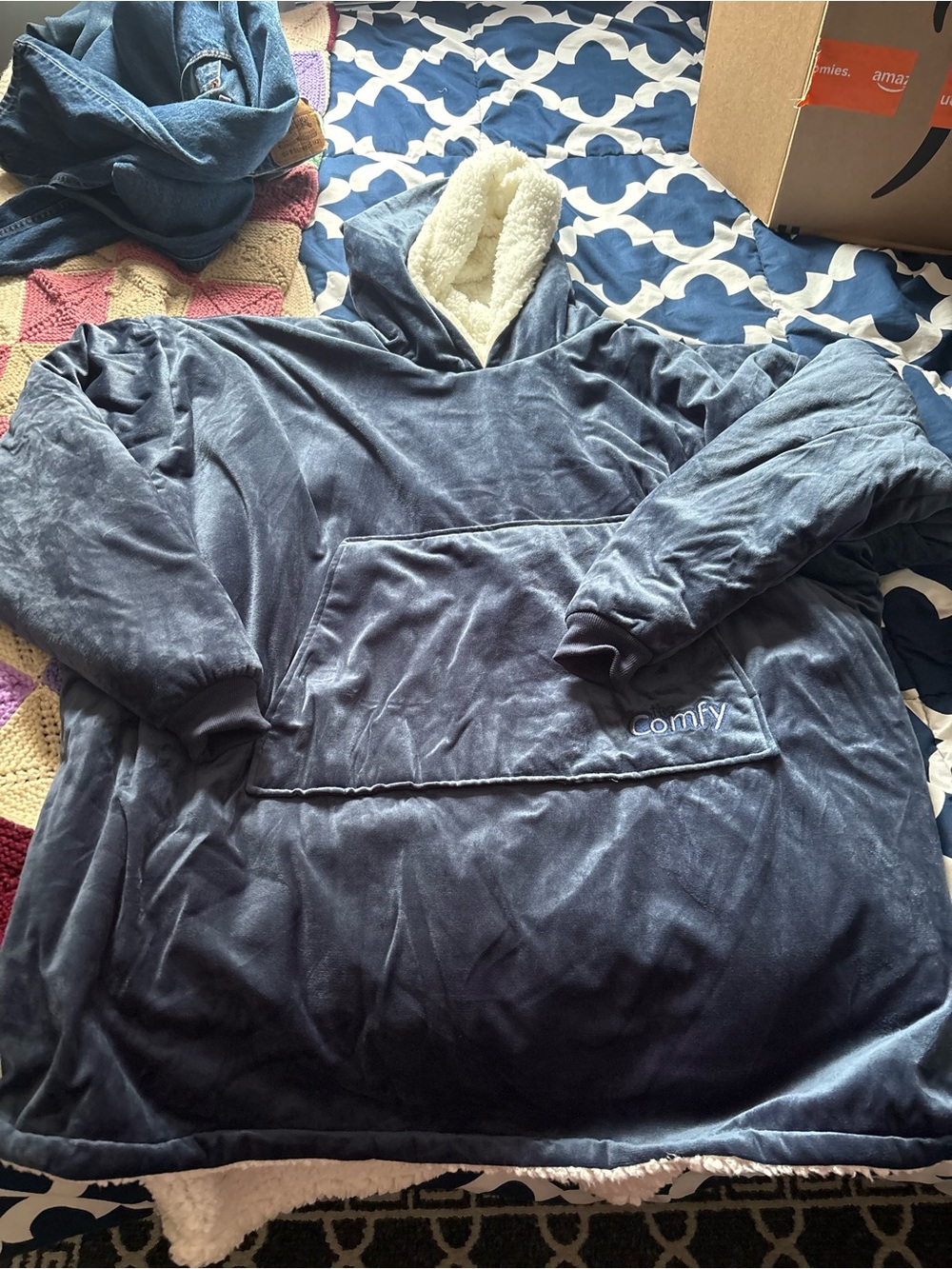 Oversized Sherpa-Lined Hoodie Blanket - Navy with Cream Lining